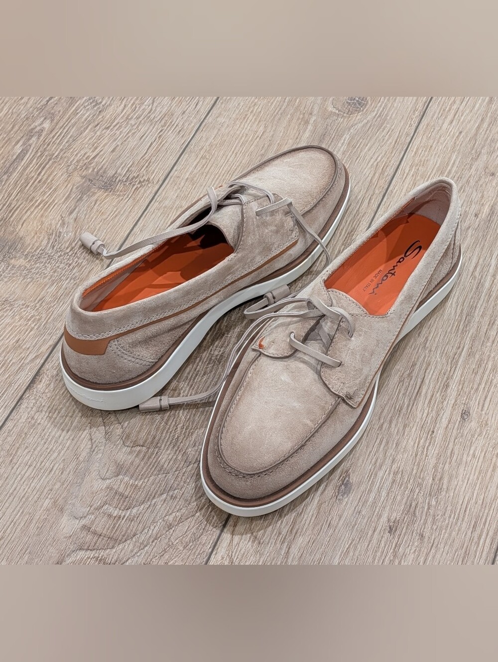 $890 Mens SANTONI "Oyster" Leather Boat Shoes Light Brown 45 US 12